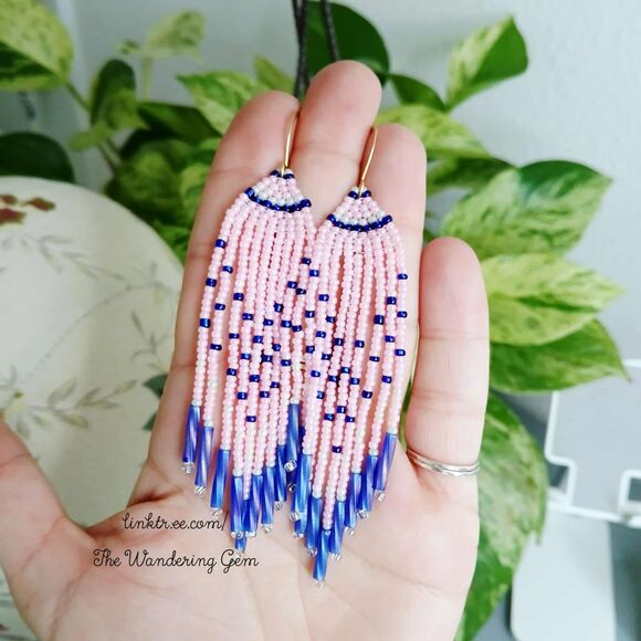 Pink & Blue Beaded Fringe Cascade Shoulder Duster Dangle Earrings, Boho Chic 4" - Picture 3 of 7